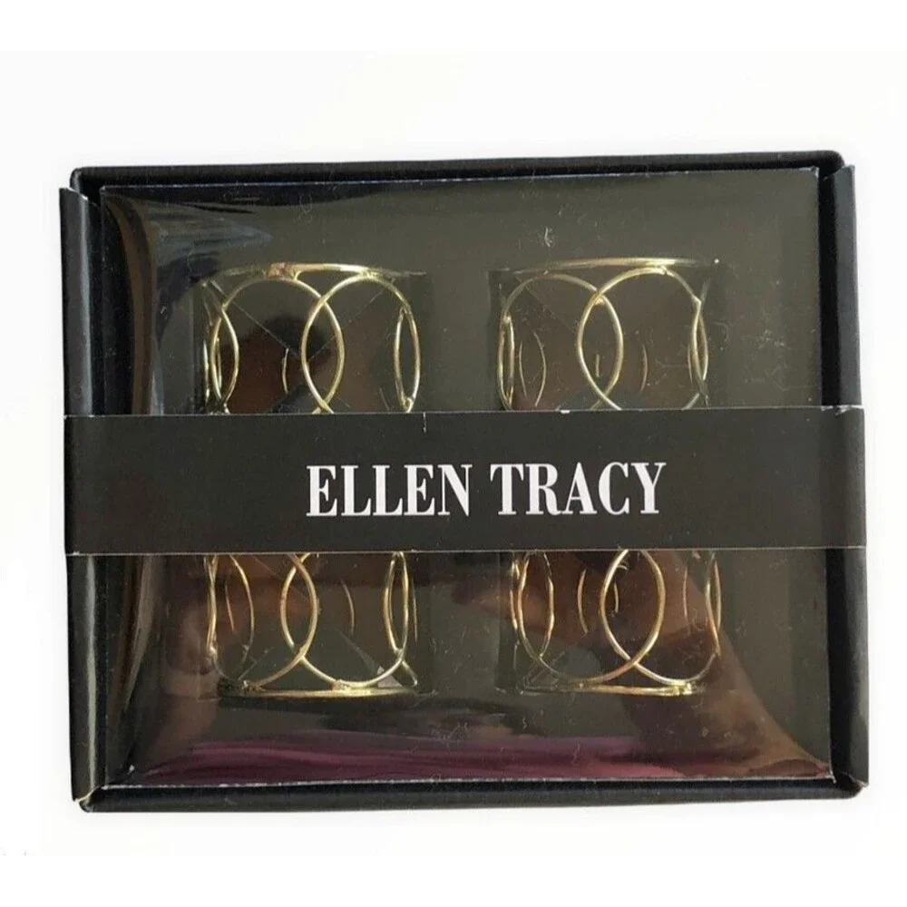 Ellen Tracy Napkin Rings Gold Circles Wire Cage Christmas Thanksgiving Set of 4